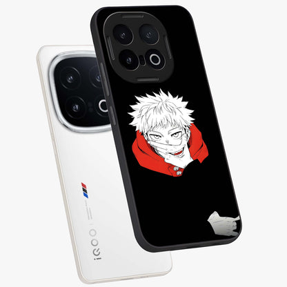 Crimson Chaos Smile Glass Case displayed in angled mockup highlighting edgy crimson smile design with graphic aesthetic.