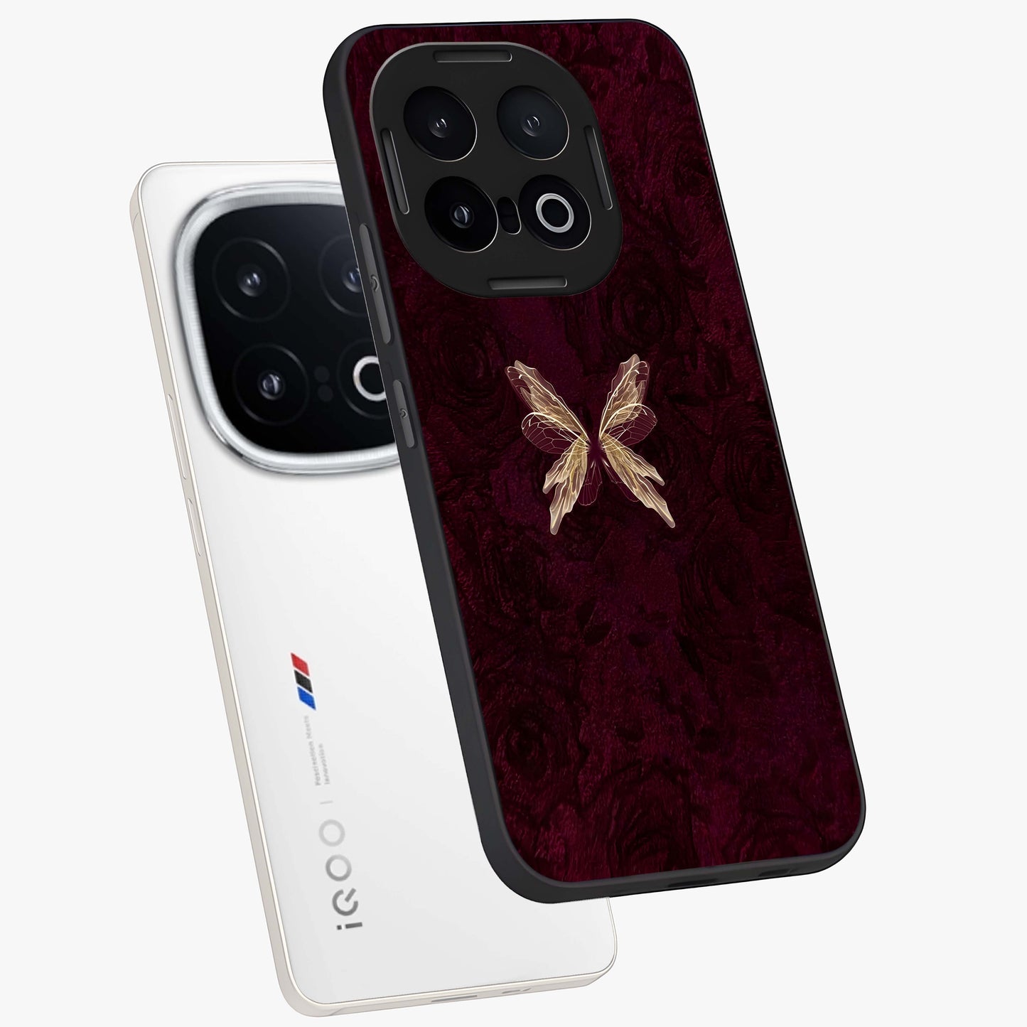 Crimson Fade Butterfly Glass Case displayed in angled mockup highlighting elegant butterfly design with crimson gradient aesthetic.