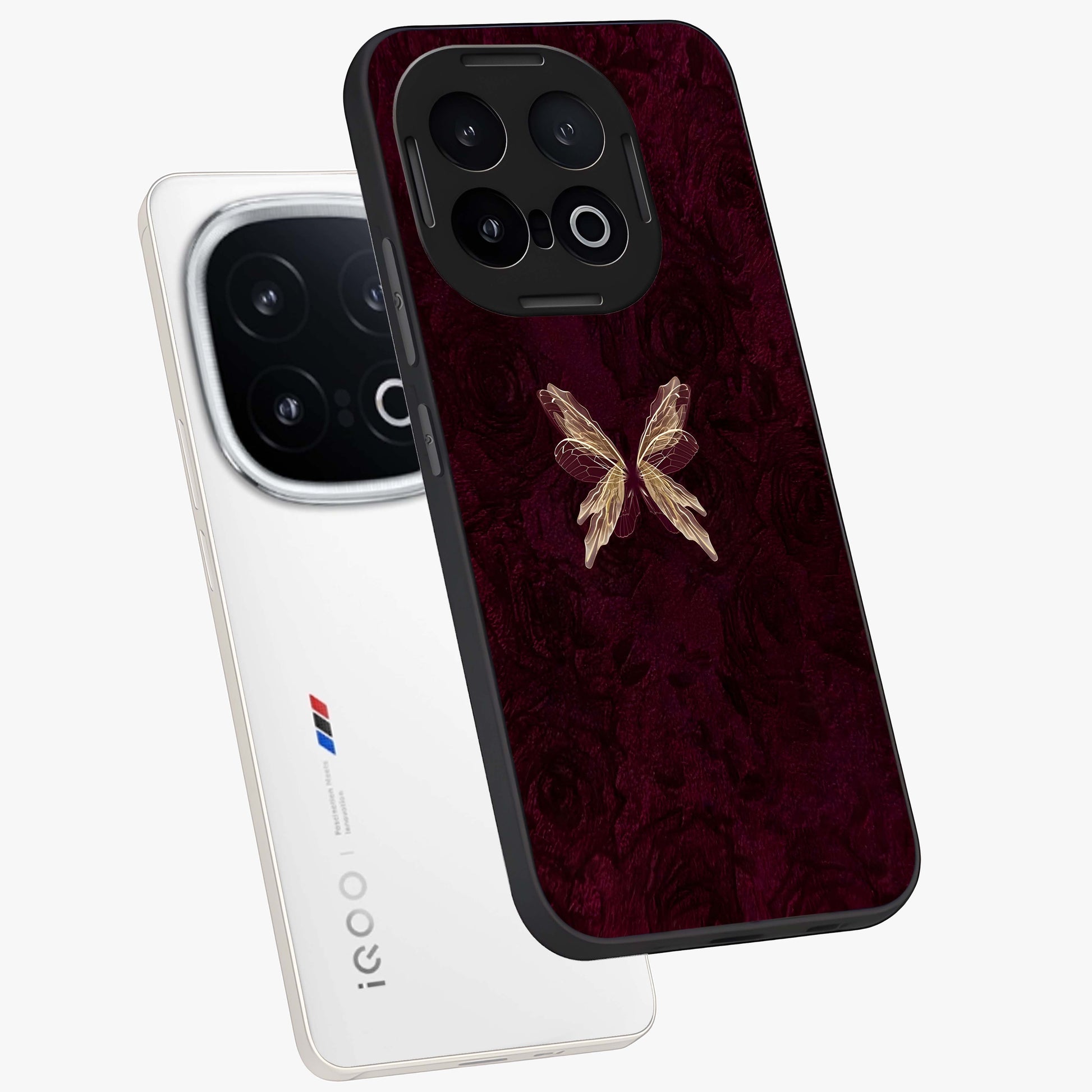 Crimson Fade Butterfly Glass Case displayed in angled mockup highlighting elegant butterfly design with crimson gradient aesthetic.