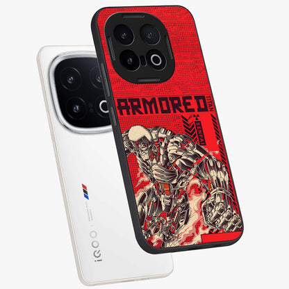 Crimson Mecha Titan Glass Case displayed in angled mockup highlighting futuristic mech illustration with bold crimson aesthetic.
