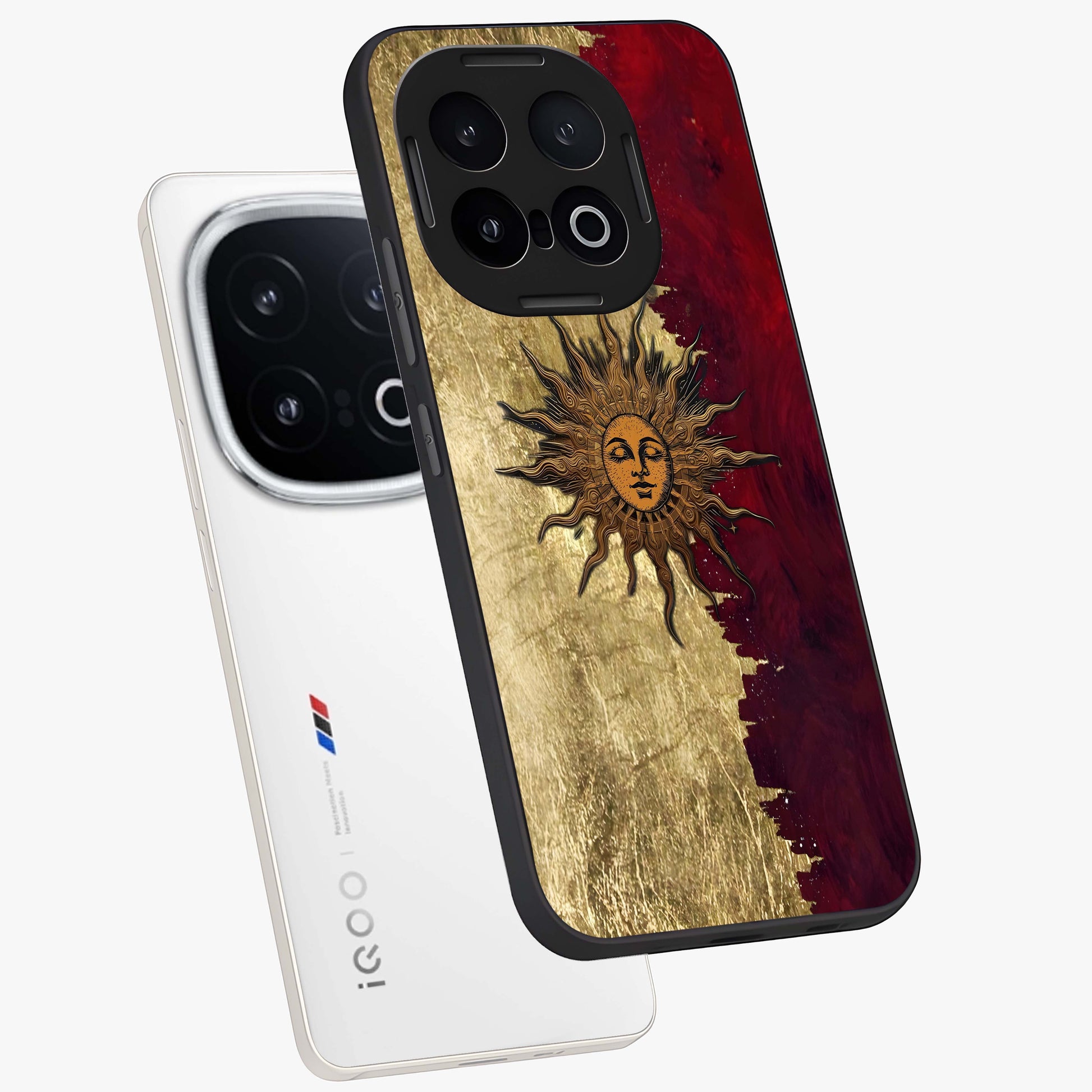 Crimson Sun Majesty Glass Case displayed in angled mockup highlighting majestic crimson sun design with bold aesthetic style.
