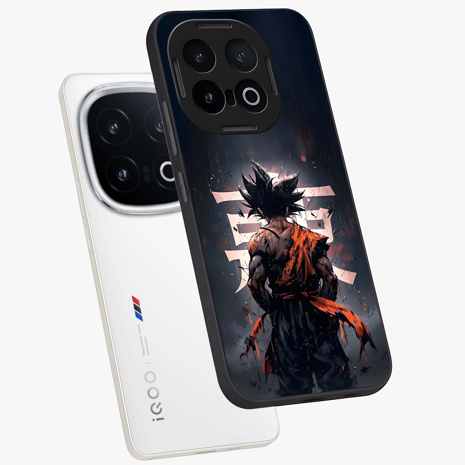 Dark Warrior In Rain Glass Case displayed in angled mockup highlighting dramatic warrior illustration with dark rain aesthetic.