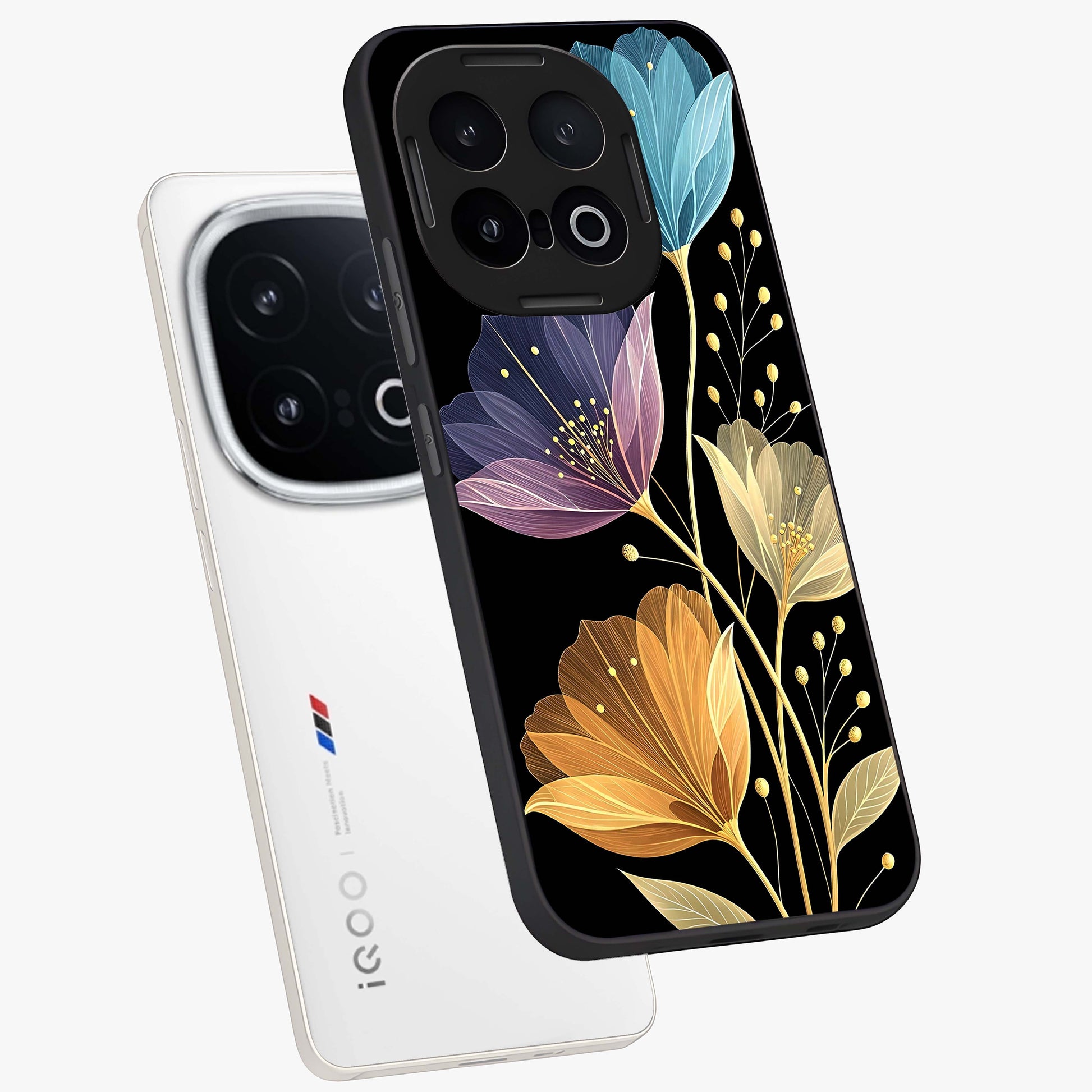 Delicate Multicolor Flowers Glass Case displayed in angled mockup highlighting colorful flower pattern with soft aesthetic style.