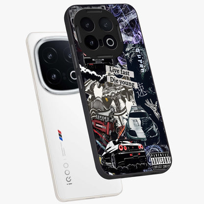 Die Young Glass Case displayed in angled mockup highlighting expressive graphic artwork with edgy aesthetic style.