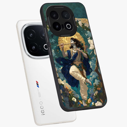 Divine Krishna Art Glass Case displayed in angled mockup highlighting spiritual Krishna illustration with devotional aesthetic.