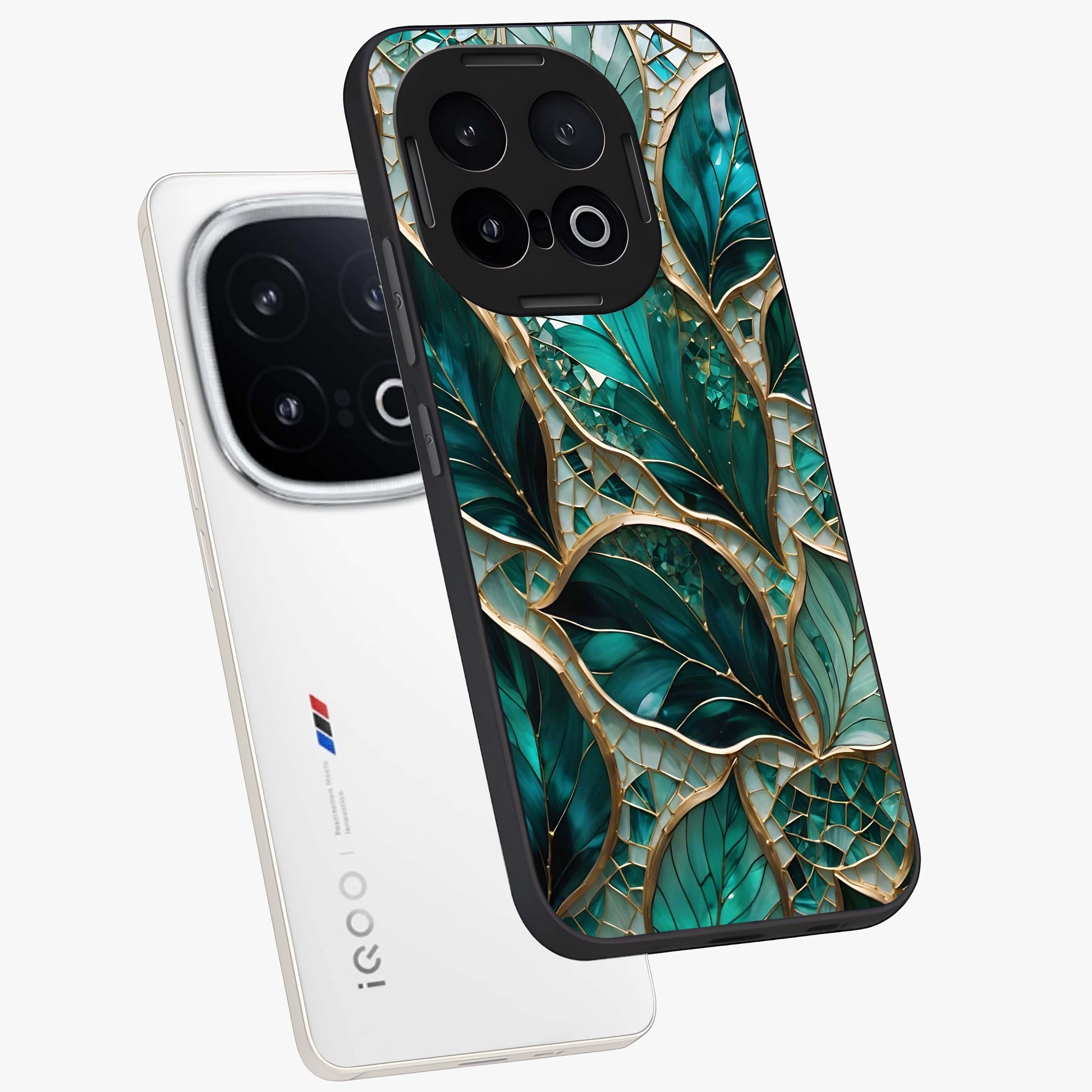 Emerald Leaf Glass Glass Case displayed in angled mockup highlighting botanical leaf illustration with elegant natural aesthetic.