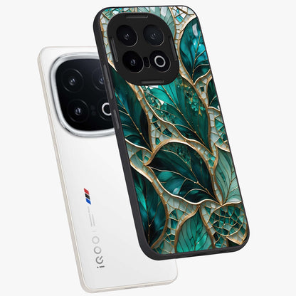 Emerald Leaf Glass Glass Case displayed in angled mockup highlighting botanical leaf illustration with elegant natural aesthetic.