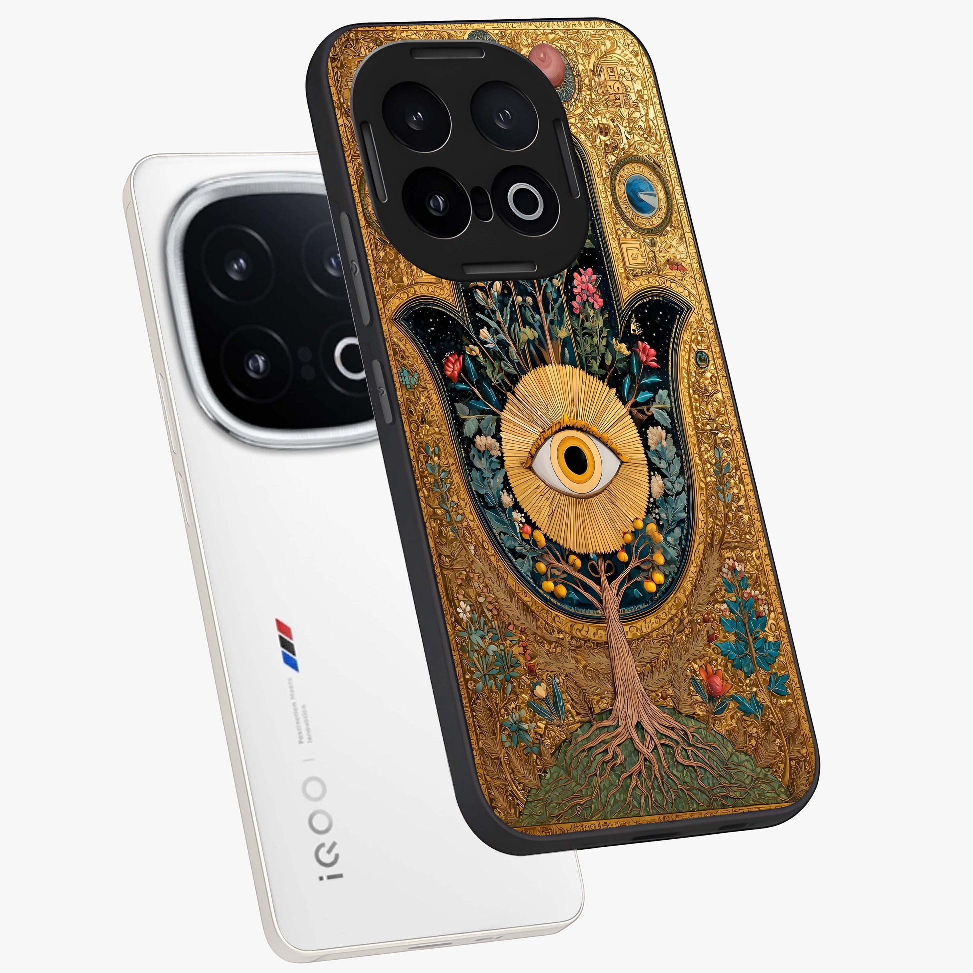 Ethereal Evil Eye Glass Case displayed in angled mockup highlighting protective evil eye symbol with spiritual aesthetic design.