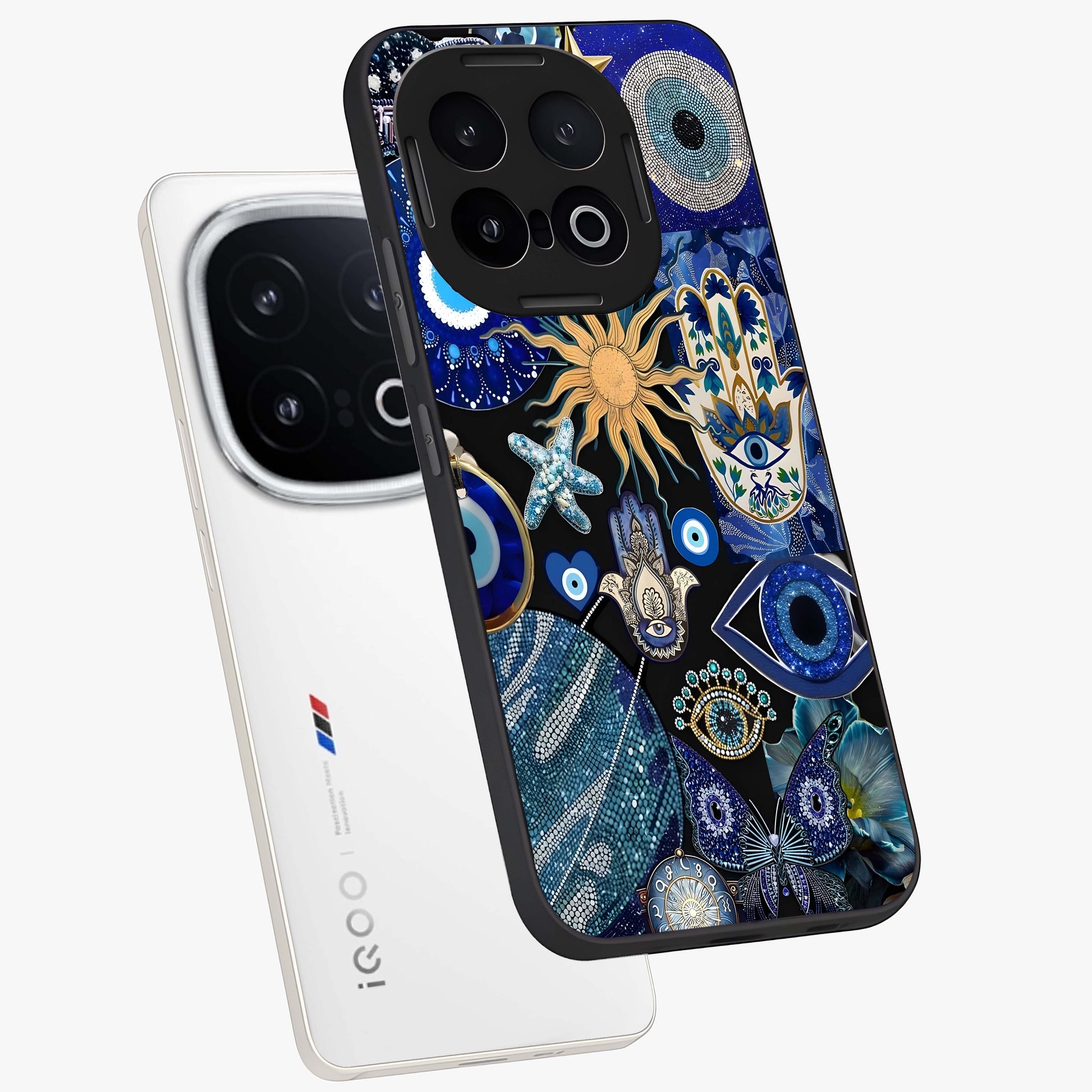 Evil Eye Charm Mix Glass Case displayed in angled mockup highlighting protective evil eye symbols with spiritual aesthetic design.