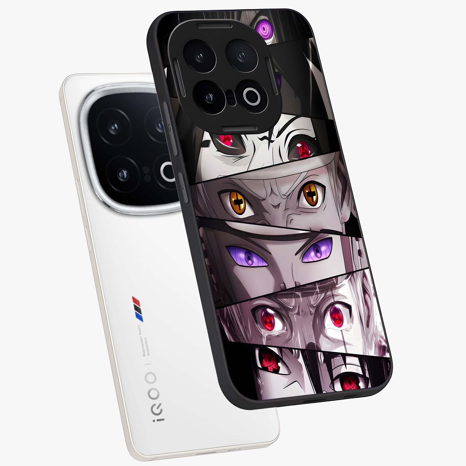 Eyes of Destiny Glass Case displayed in angled mockup highlighting bold eye illustration with mystical aesthetic style.