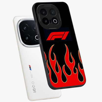 Fire F11 Glass Case displayed in angled mockup highlighting bold fire inspired graphic with energetic aesthetic style.