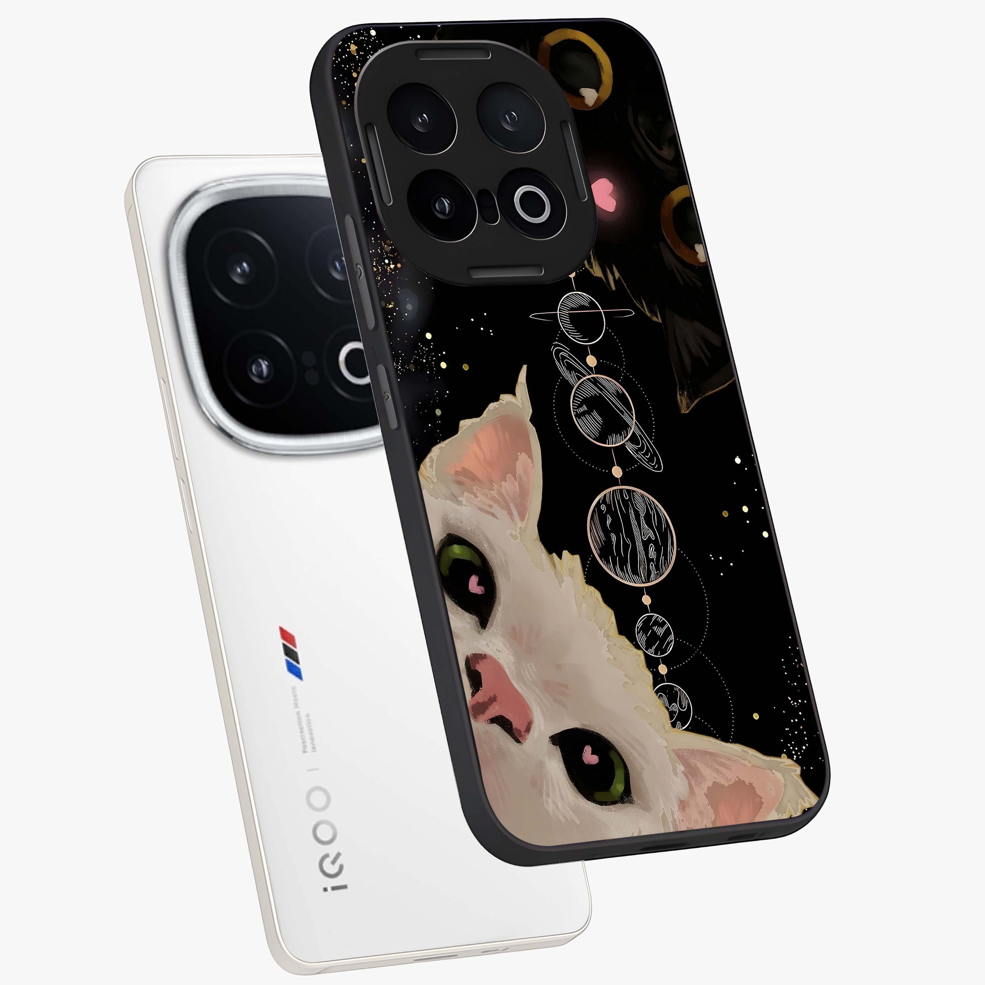 Galactic Cat Glass Case displayed in angled mockup highlighting celestial feline illustration with galaxy aesthetic style.