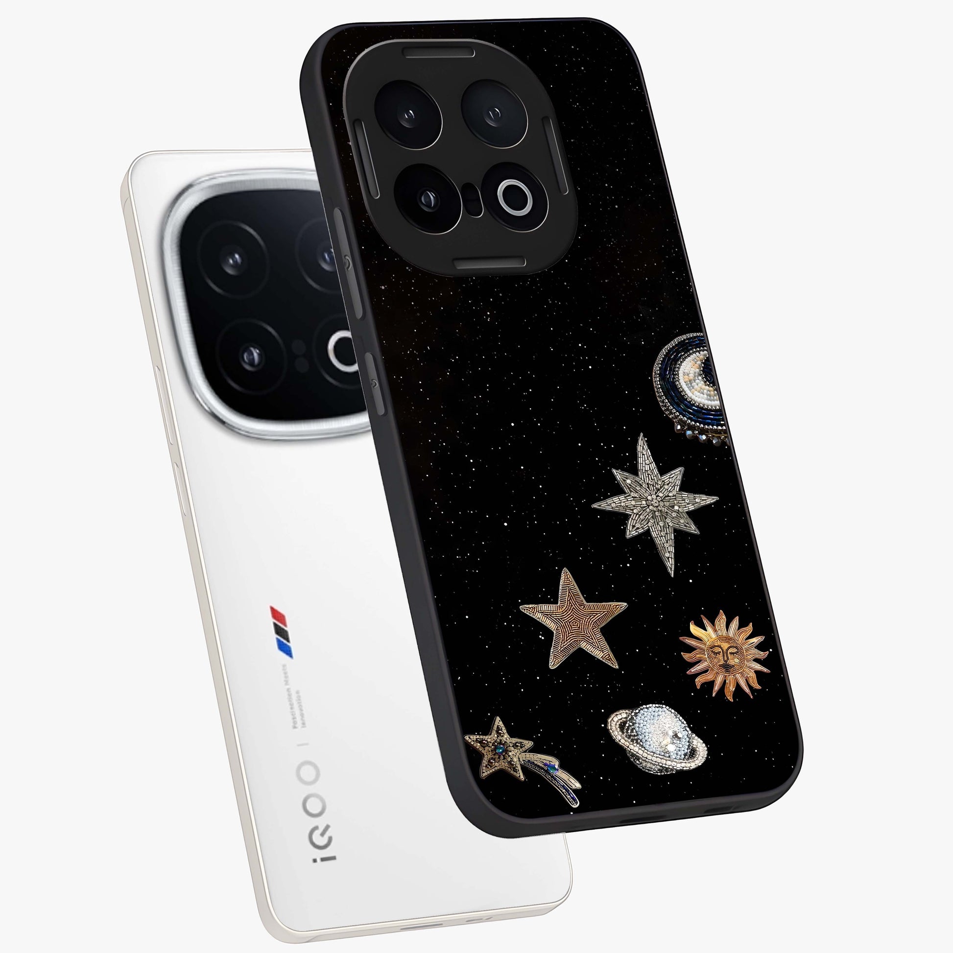 Galactic Charm Glow Glass Case displayed in angled mockup highlighting luminous galaxy inspired design with dreamy aesthetic.