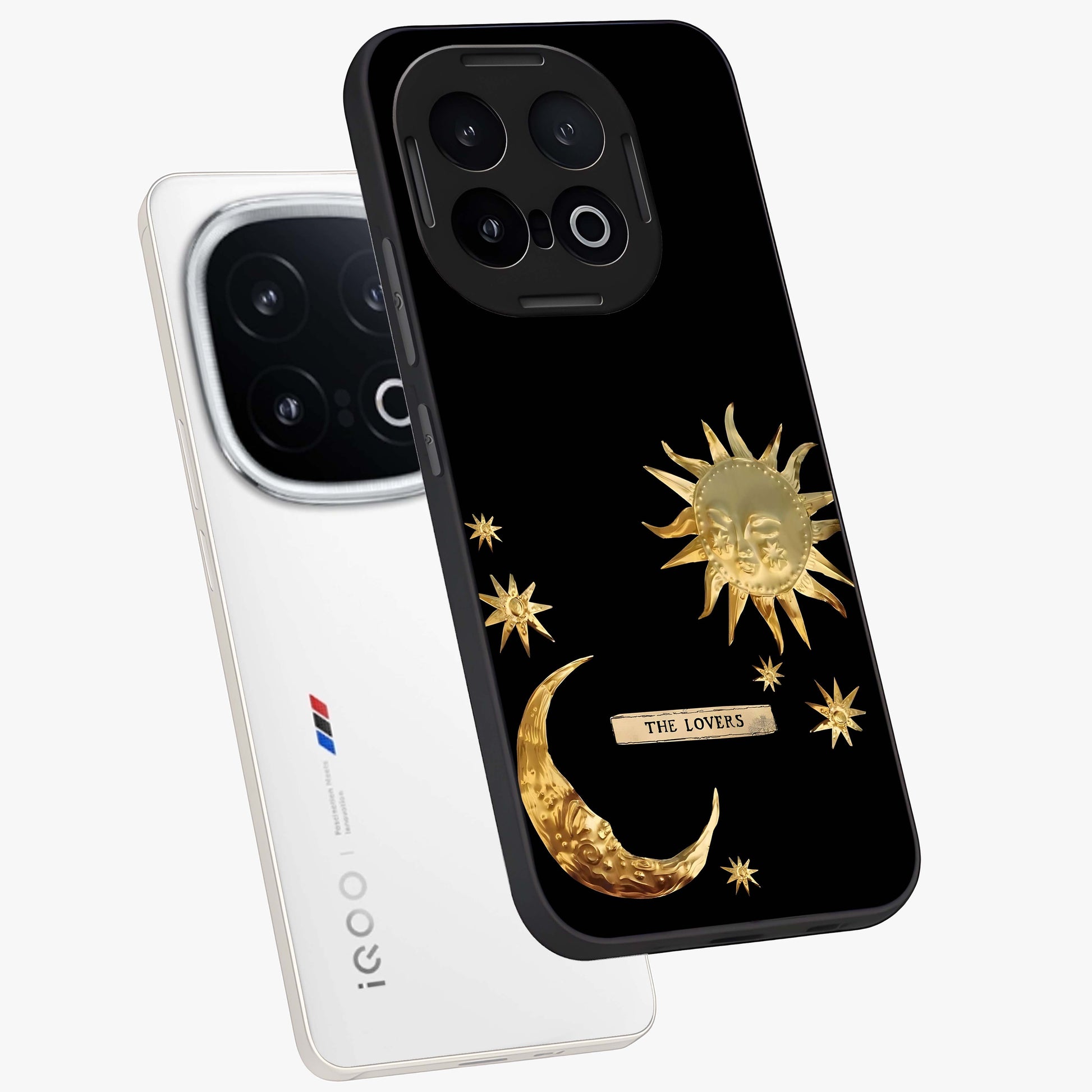 Golden Celestial Charm Glass Case displayed in angled mockup highlighting sparkling cosmic charm design with celestial aesthetic.