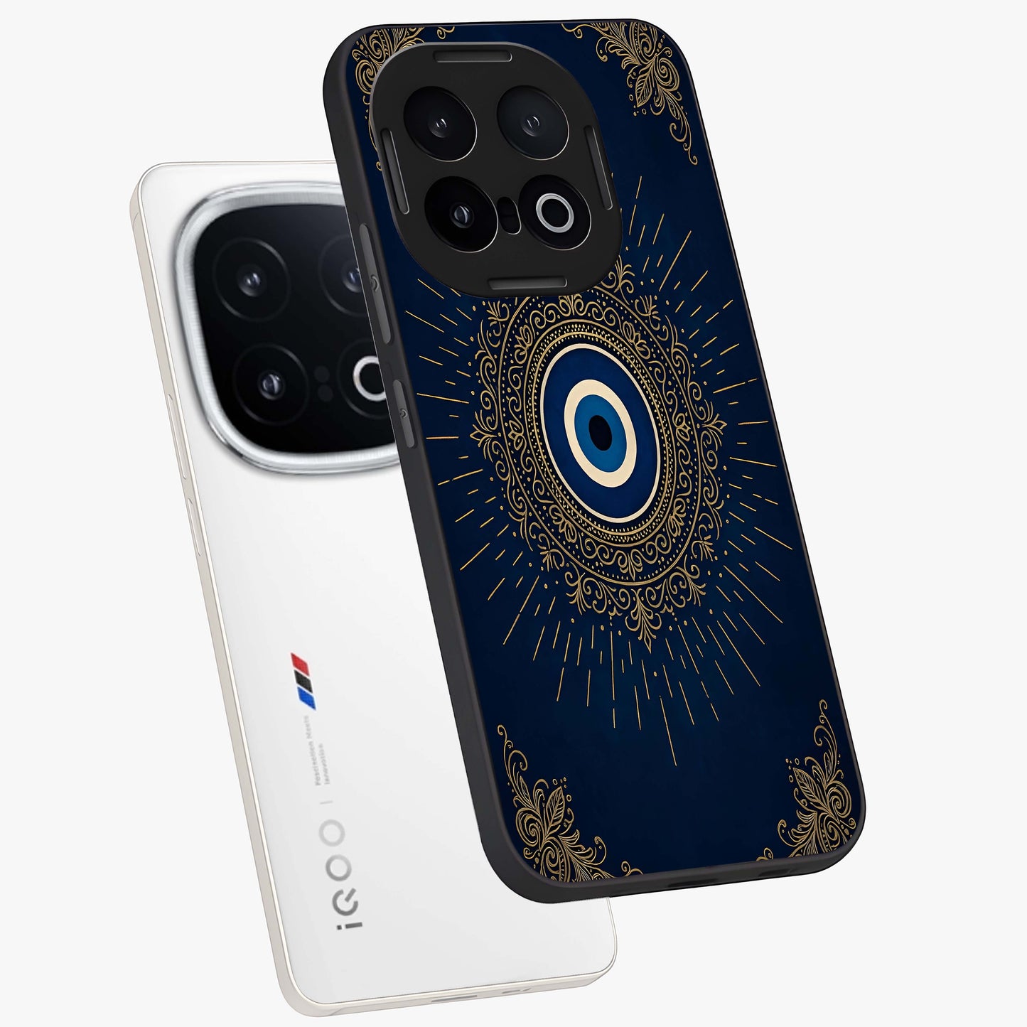 Golden Evil Eye Mandala Glass Case displayed in angled mockup highlighting protective evil eye symbol with golden mandala design.