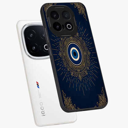Golden Evil Eye Mandala Glass Case displayed in angled mockup highlighting protective evil eye symbol with golden mandala design.
