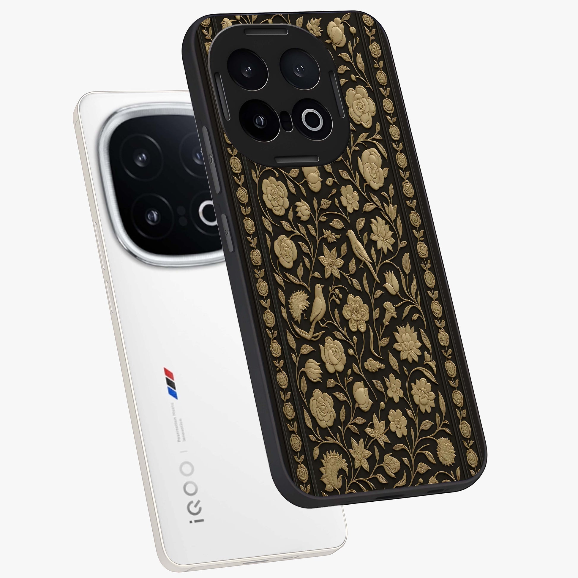 Golden Floral Majesty Glass Case displayed in angled mockup highlighting elegant flower design with royal golden aesthetic.