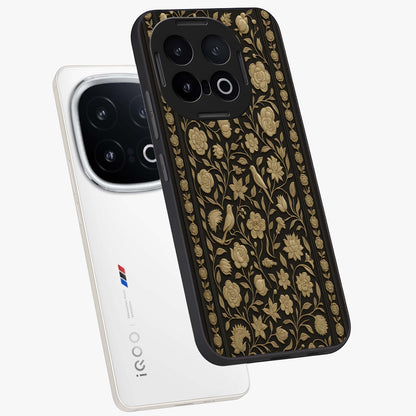 Golden Floral Majesty Glass Case displayed in angled mockup highlighting elegant flower design with royal golden aesthetic.