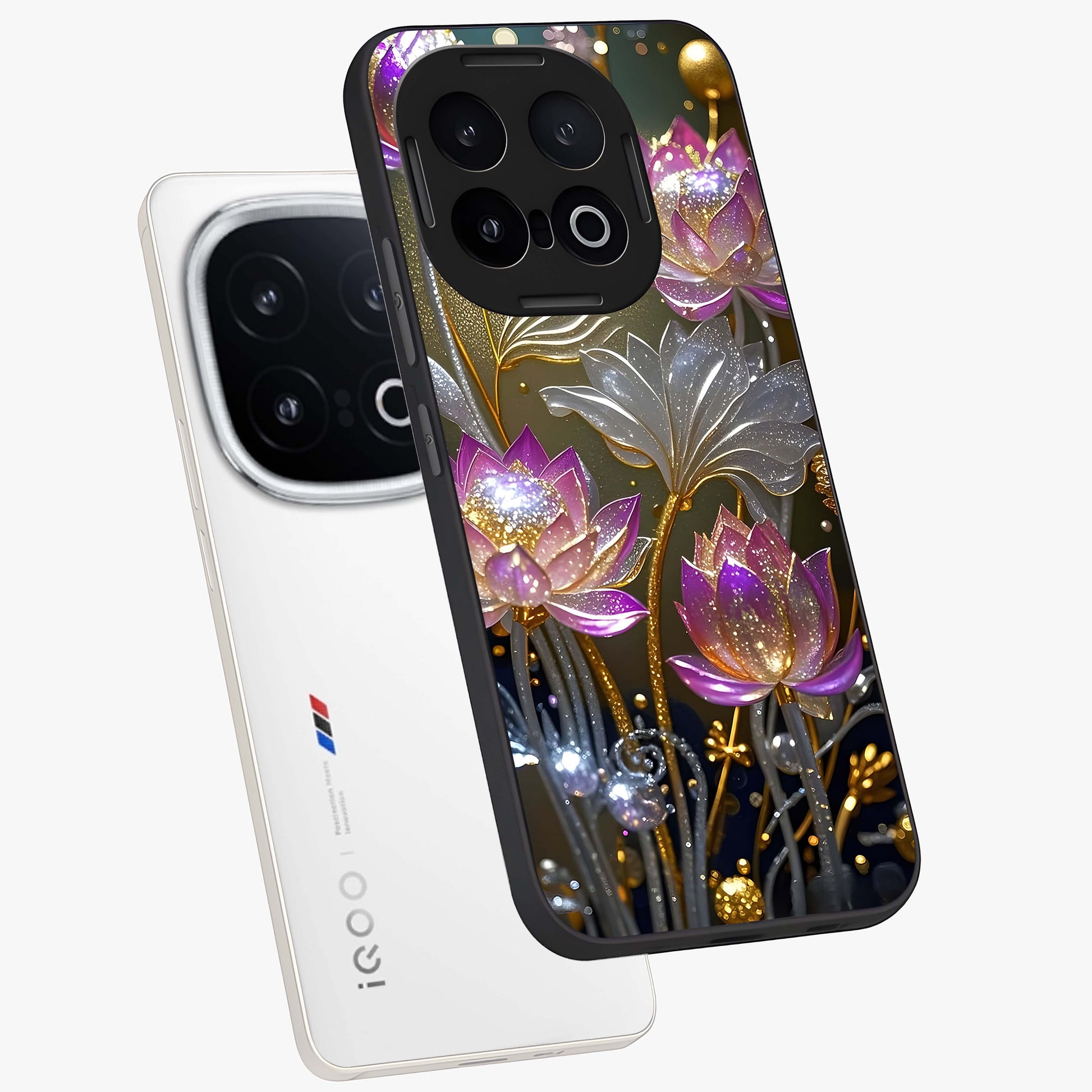 Golden Lotus Glow Glass Case displayed in angled mockup highlighting radiant lotus illustration with spiritual aesthetic.