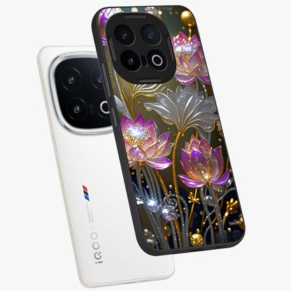 Golden Lotus Glow Glass Case displayed in angled mockup highlighting radiant lotus illustration with spiritual aesthetic.
