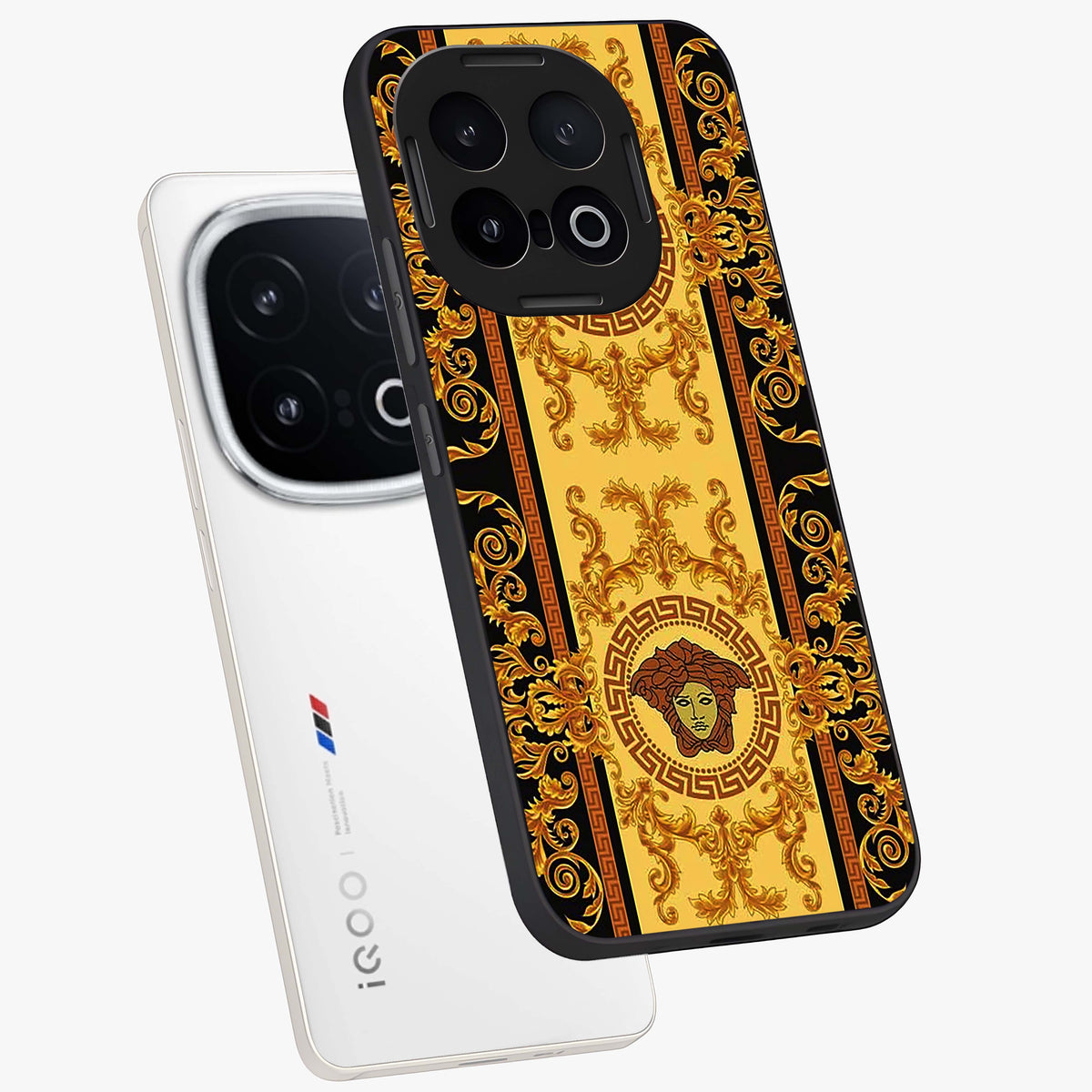 Golden Lotus Glow Glass Case displayed in angled mockup highlighting radiant lotus illustration with spiritual aesthetic.