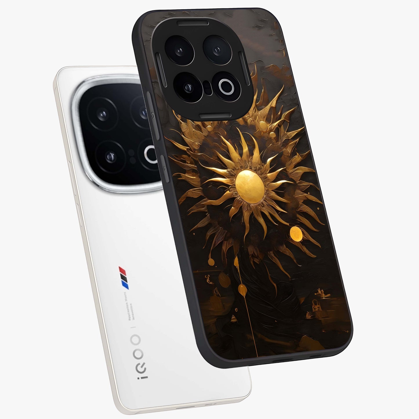 Golden Sun Minimalism Glass Case displayed in angled mockup highlighting eerie shadow illustration with gothic aesthetic.