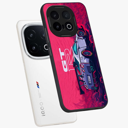 GT-R Car Pattern Glass Case displayed in angled mockup highlighting racing car graphic design with bold automotive aesthetic.