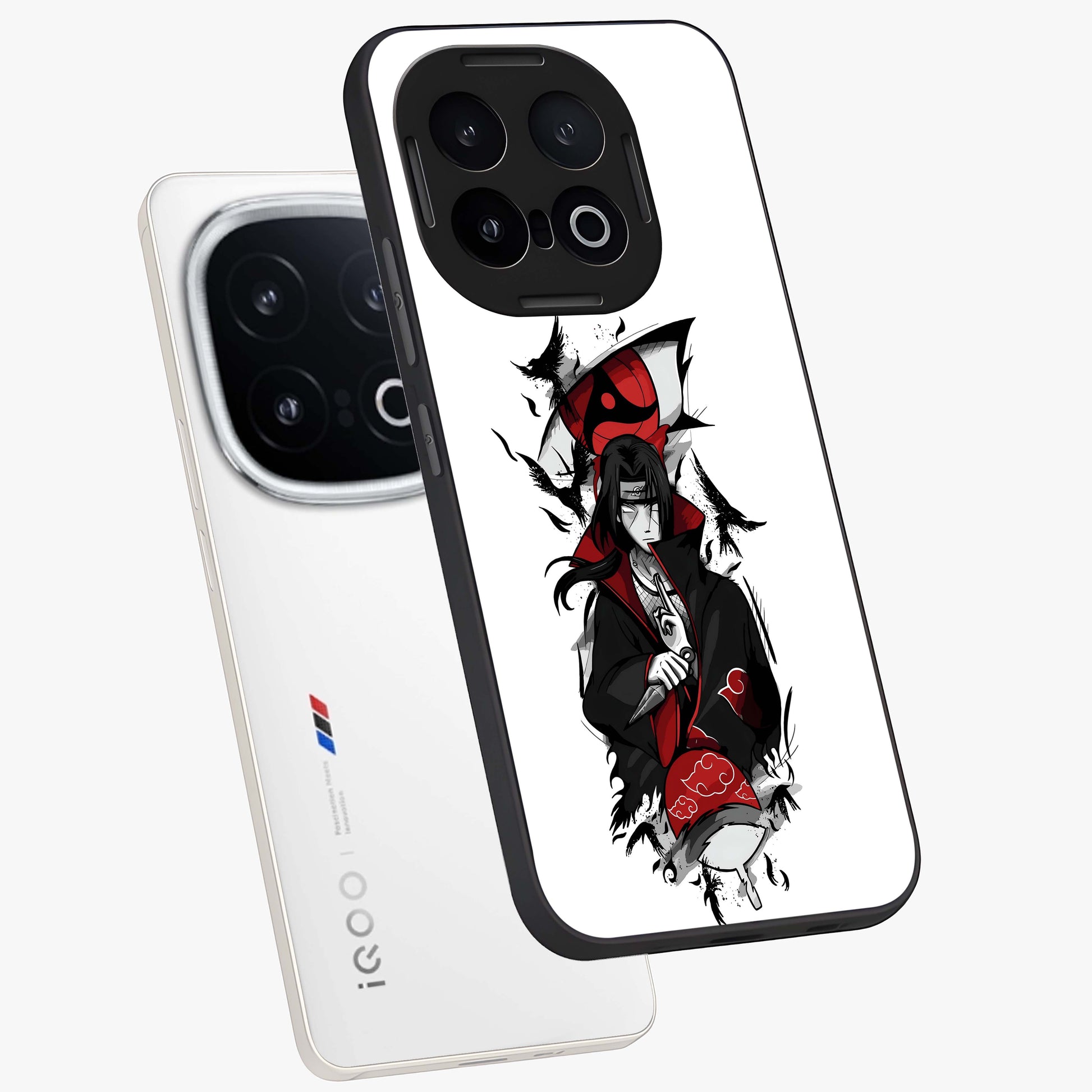 Itachi Limited Edition Naruto Anime Glass Case displayed in angled mockup highlighting dramatic anime illustration with bold action aesthetic.