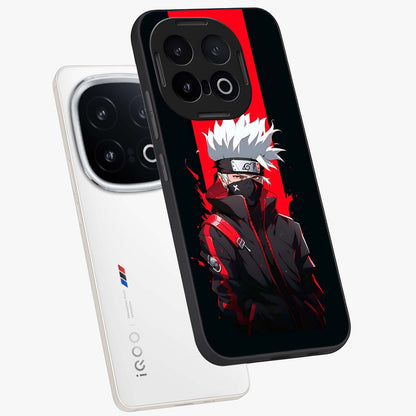 Kakashi Scarlet Shadow Glass Case displayed in angled mockup highlighting dramatic ninja illustration with scarlet themed aesthetic.