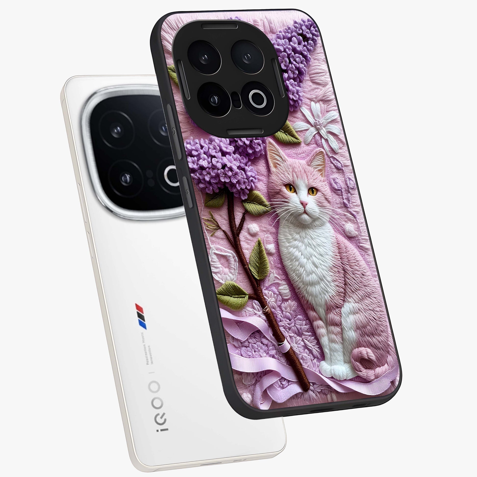 Lavender Cat Whimsy Glass Case displayed in angled mockup highlighting playful feline illustration with pastel lavender aesthetic.