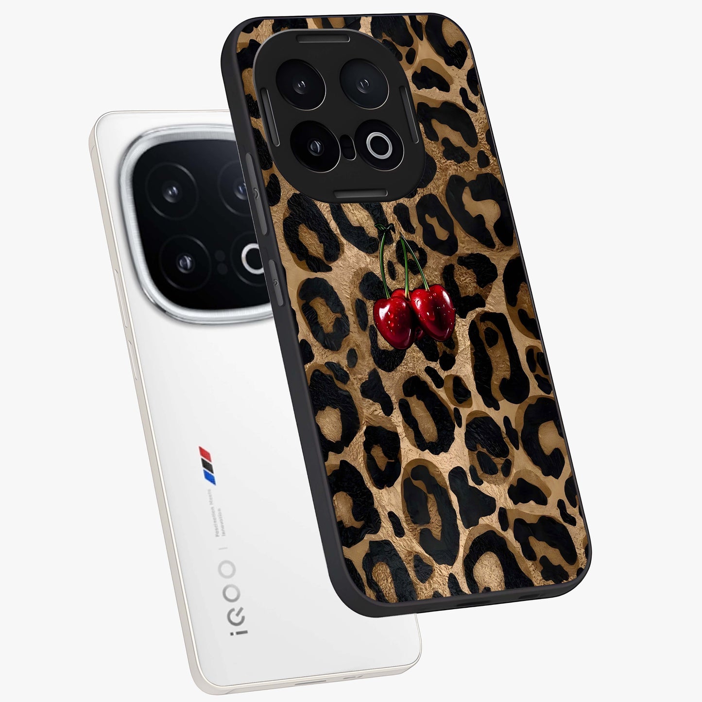 Leopard Wild Cherry Glass Case displayed in angled mockup highlighting bold animal print design with playful cherry aesthetic.