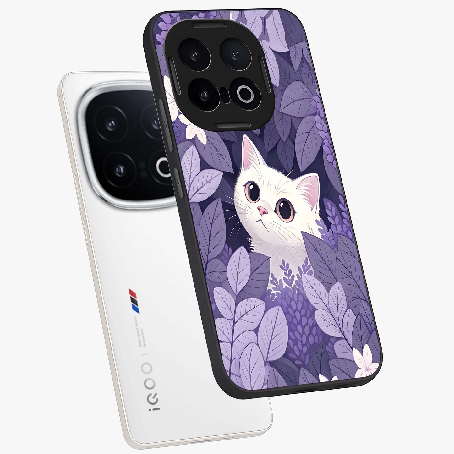 Lilac Hide Peek Cat Glass Case displayed in angled mockup highlighting playful feline illustration with lilac aesthetic design.