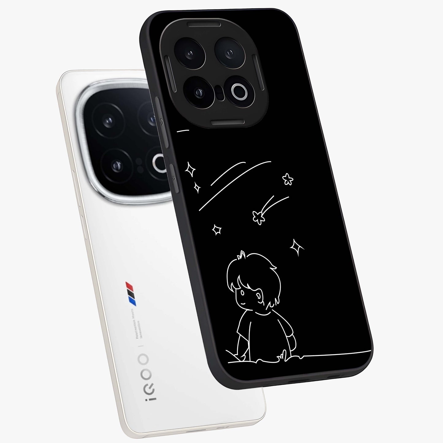 Line Art Boy With Shooting Stars Glass Case displayed in angled mockup highlighting elegant line art design with dreamy star aesthetic.