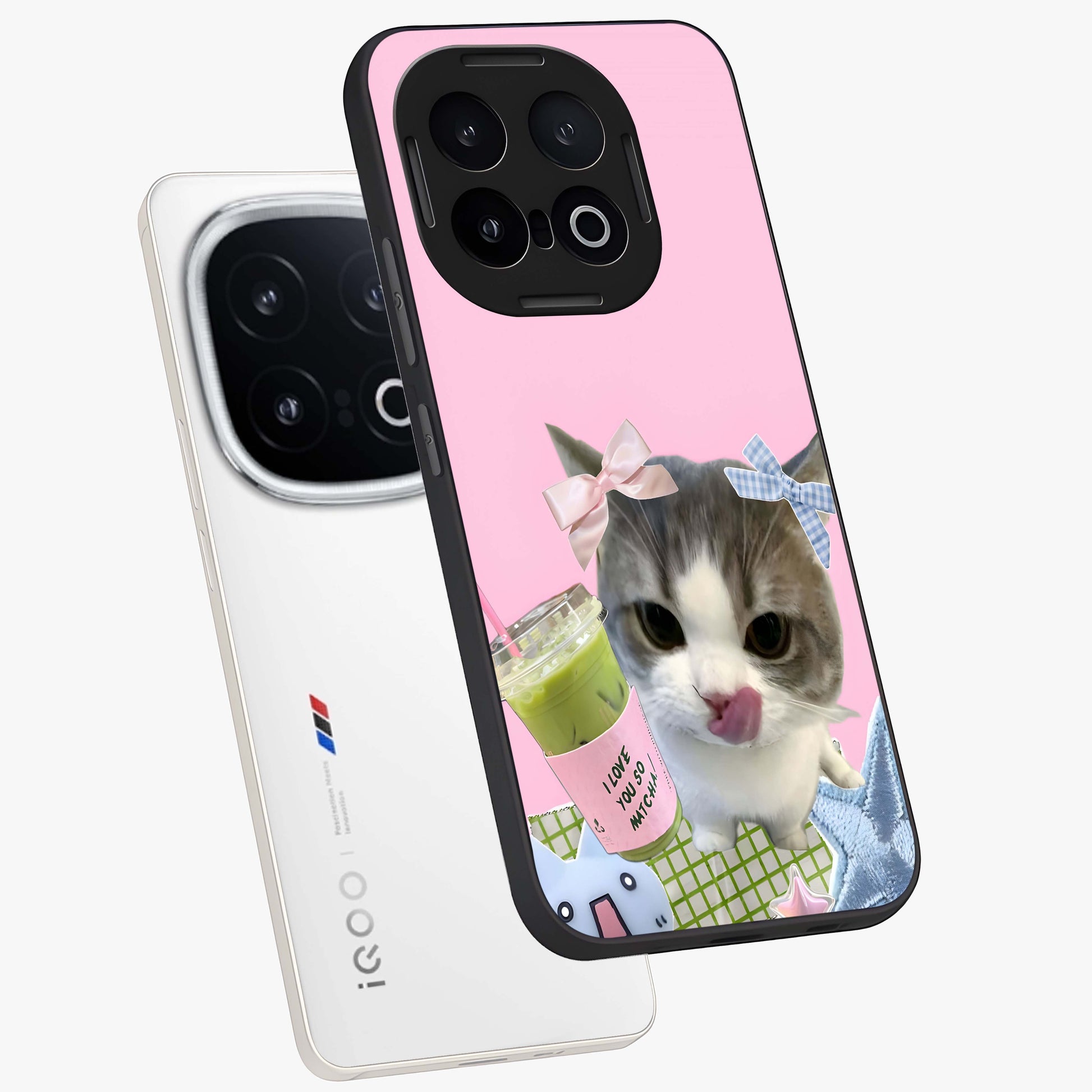 Love Matcha Cat Glass Case displayed in angled mockup highlighting playful feline illustration with cozy matcha aesthetic.