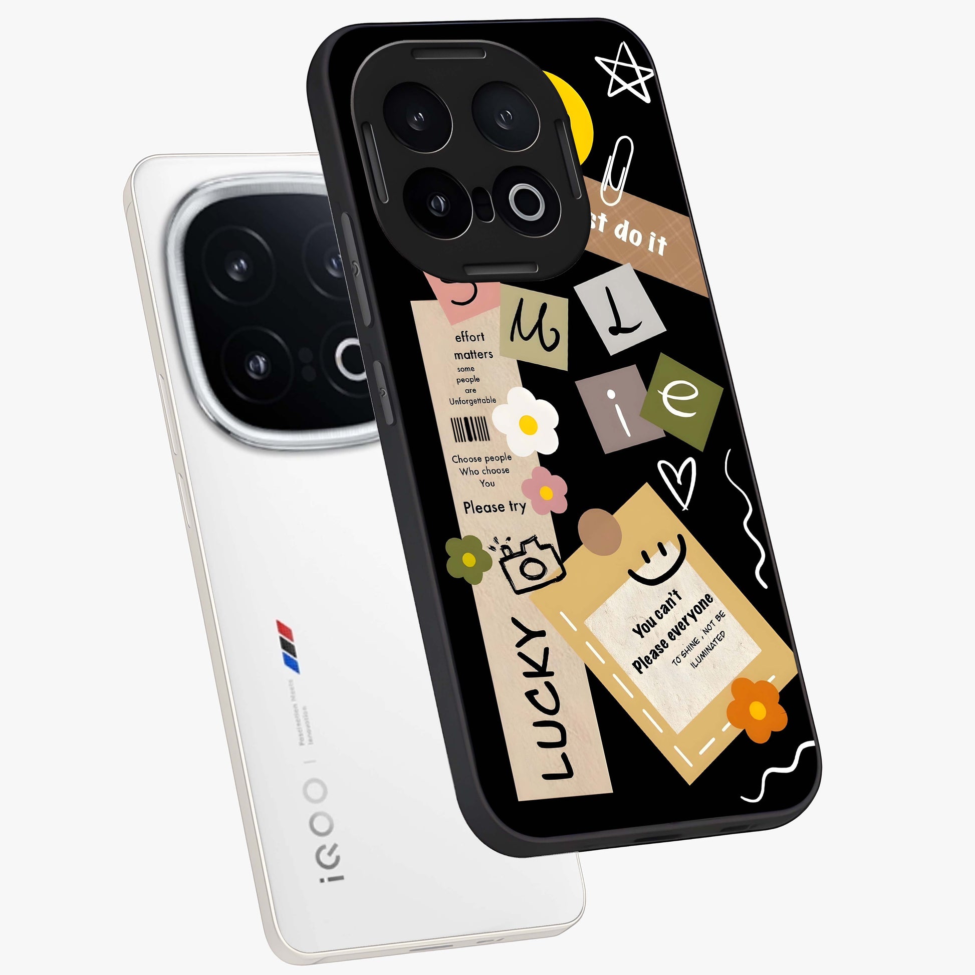 Lucky Aesthetic Collage Glass Case displayed in angled mockup highlighting stylish collage pattern with modern aesthetic vibe.