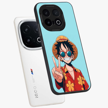 Luffy Summer Anime Vibe Glass Case displayed in angled mockup highlighting energetic anime illustration with summer vibe aesthetic.