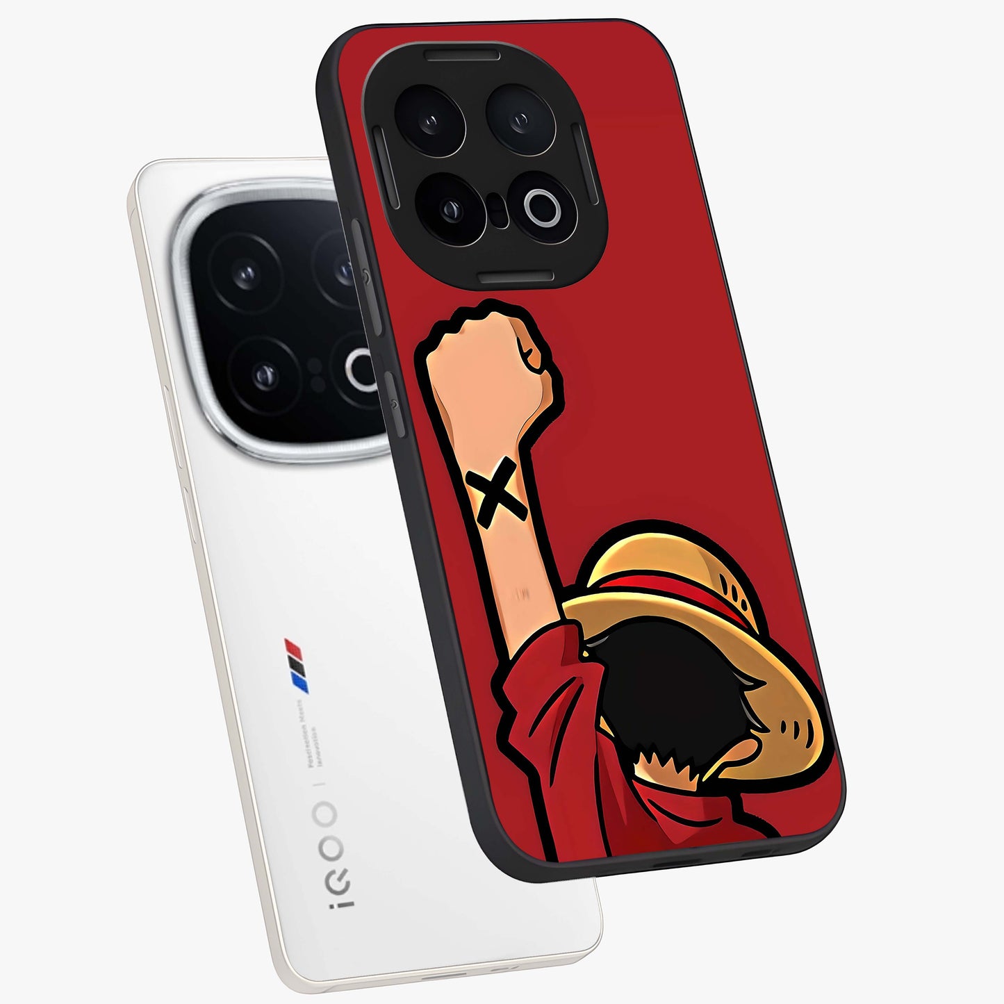 Luffy X Spirit Glass Case displayed in angled mockup highlighting powerful anime design with energetic action aesthetic.