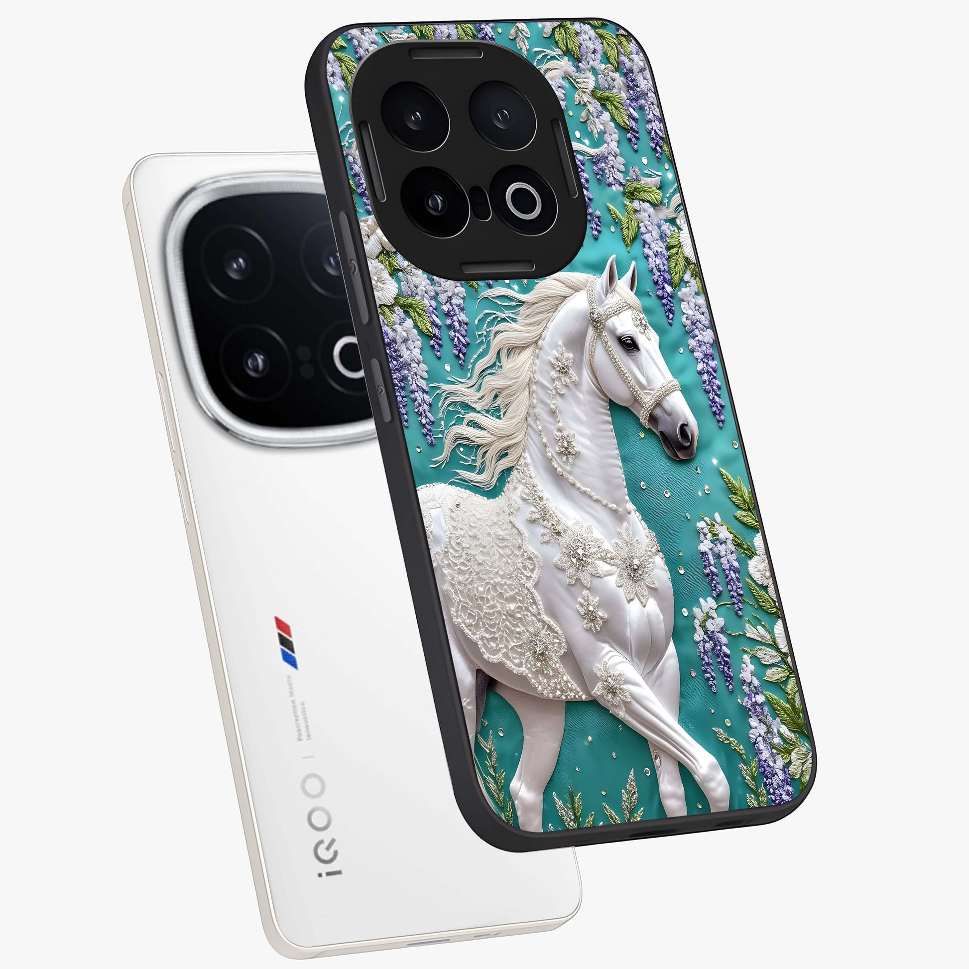Majestic Floral Stallion Glass Case displayed in angled mockup highlighting majestic stallion illustration with elegant floral aesthetic.