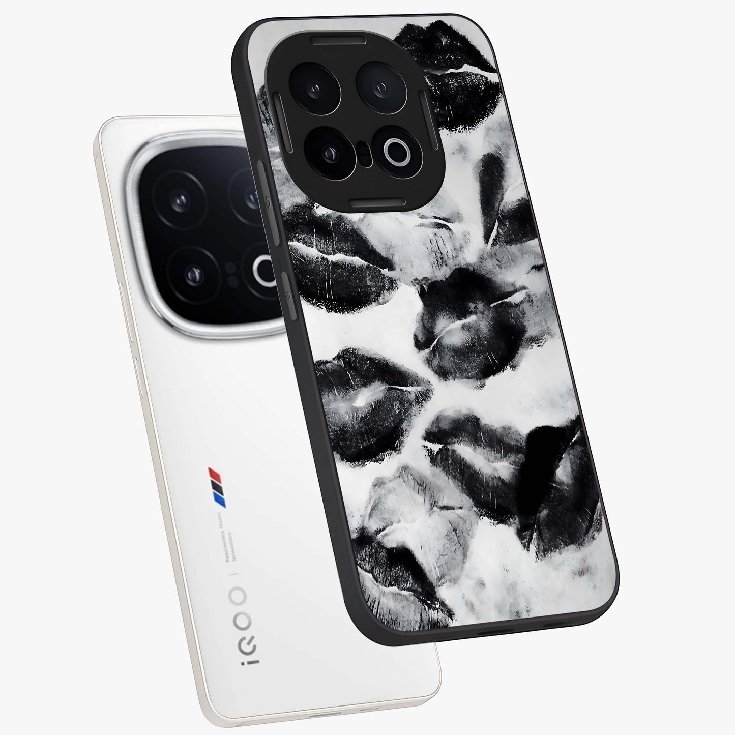 Midnight Kiss Marks Glass Case displayed in angled mockup highlighting playful romantic design with bold midnight aesthetic.