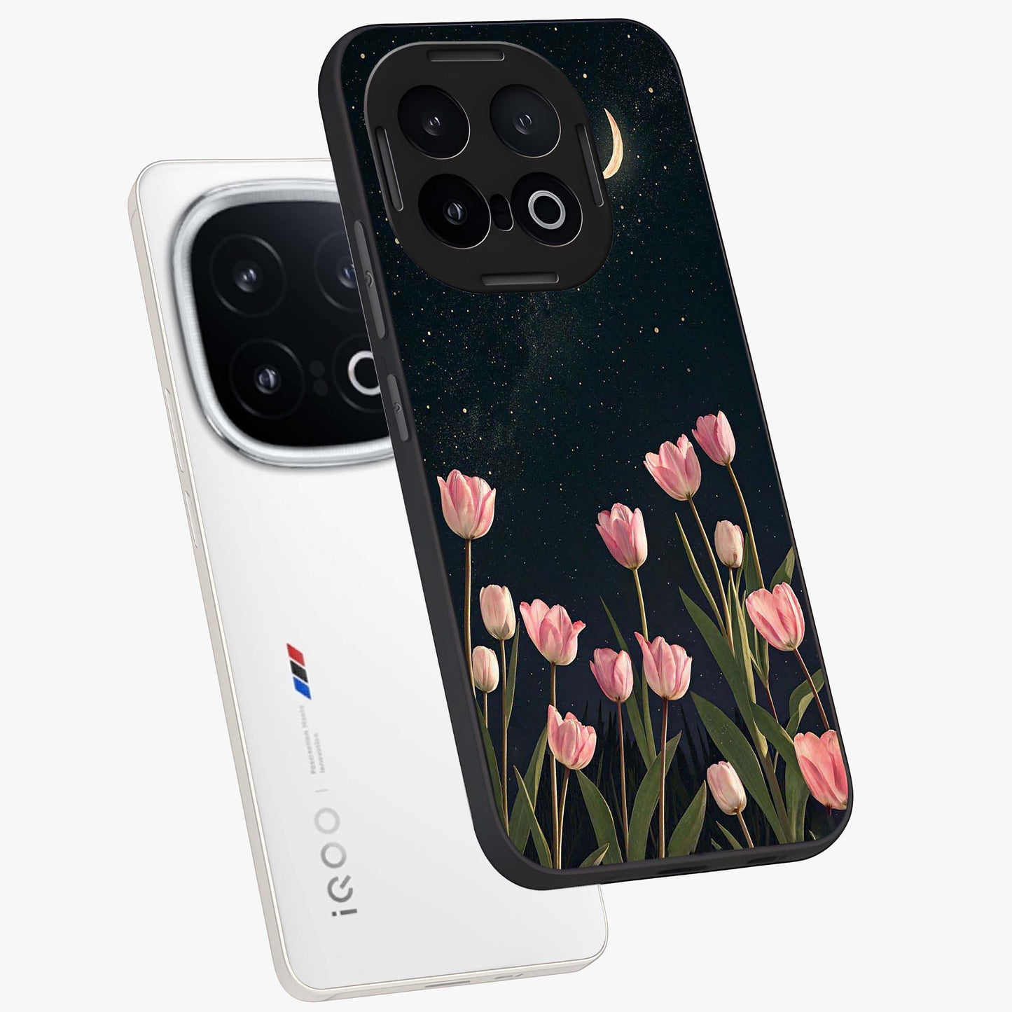 Midnight Tulip Whispers Vibe Glass Case displayed in angled mockup highlighting delicate tulip design with midnight floral aesthetic.