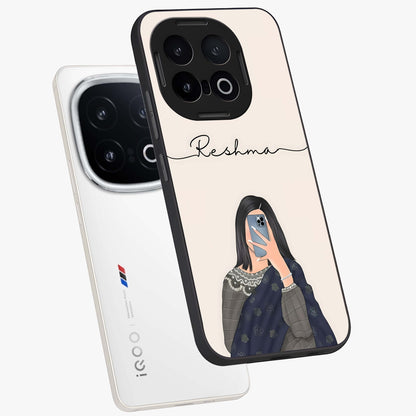 Mirror Mood Muse With Custom Name Glass Case displayed in angled mockup highlighting aesthetic mirror inspired design with custom name feature.