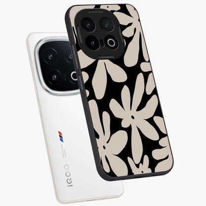 Monochrome Petal Dance Glass Case displayed in angled mockup highlighting elegant petal design with black and white aesthetic.