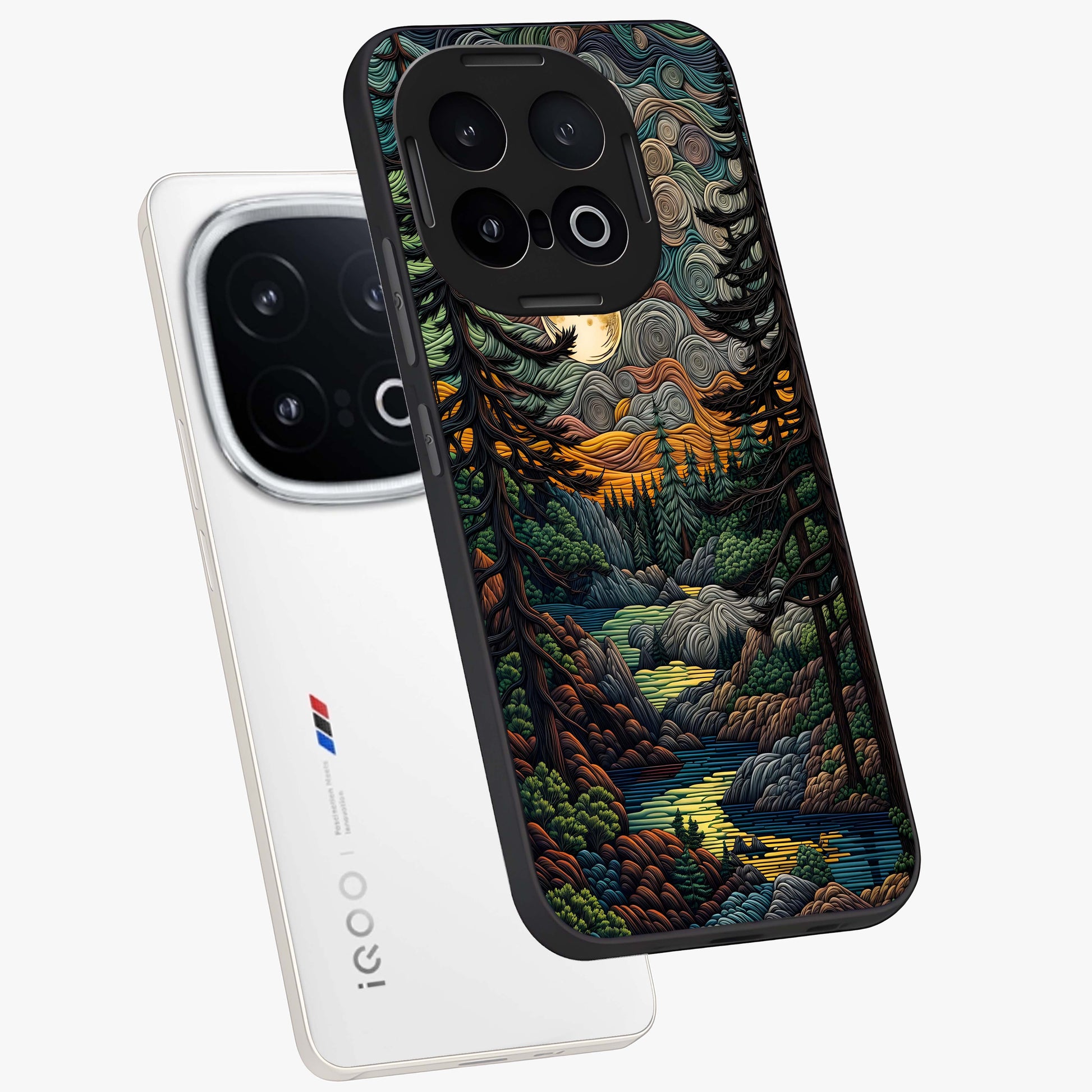 Moonlight Forest Dream Glass Case displayed in angled mockup highlighting dreamy forest design with glowing moon aesthetic.