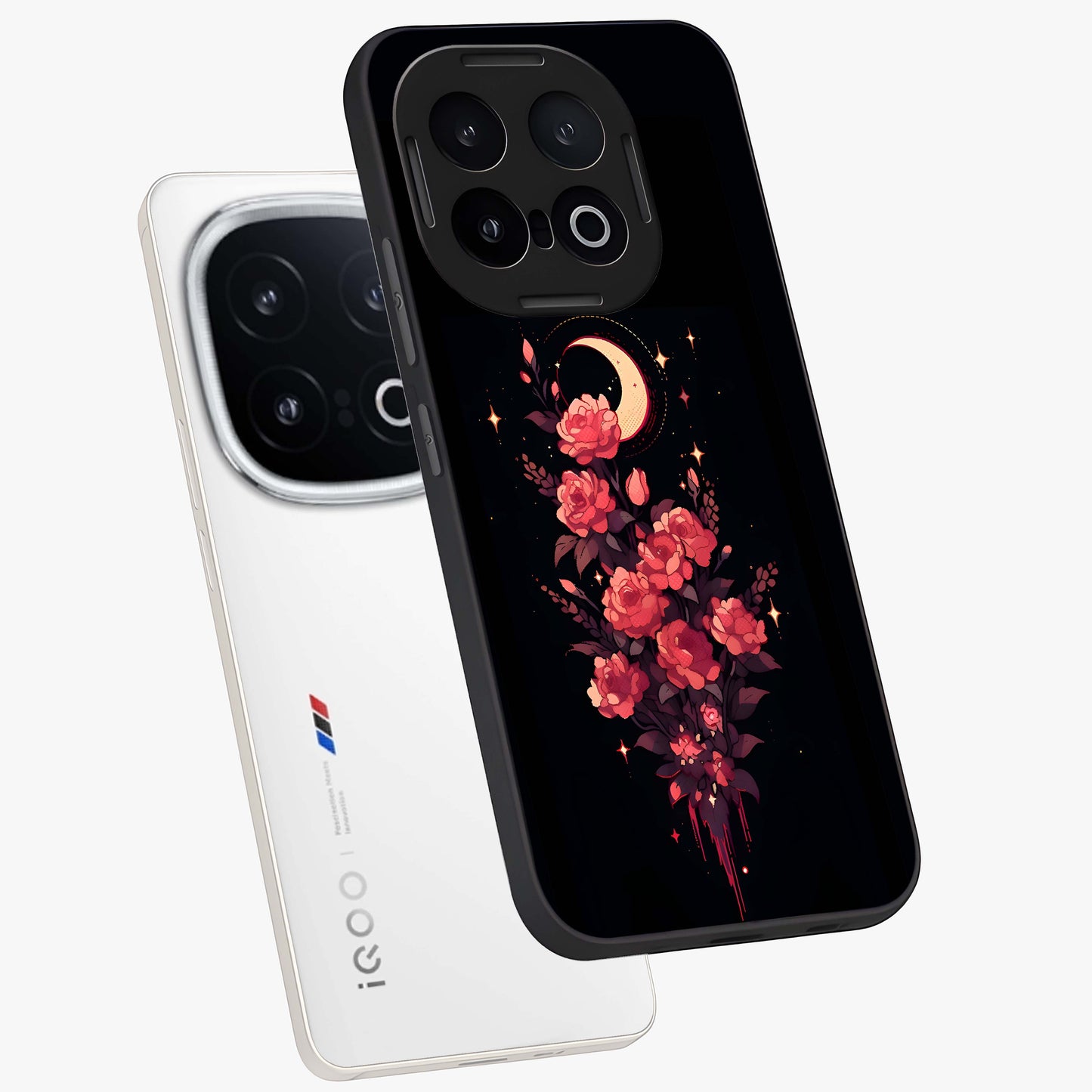 Moonlit Floral Elegance Glass Case displayed in angled mockup highlighting graceful flower design with soft moonlight aesthetic.