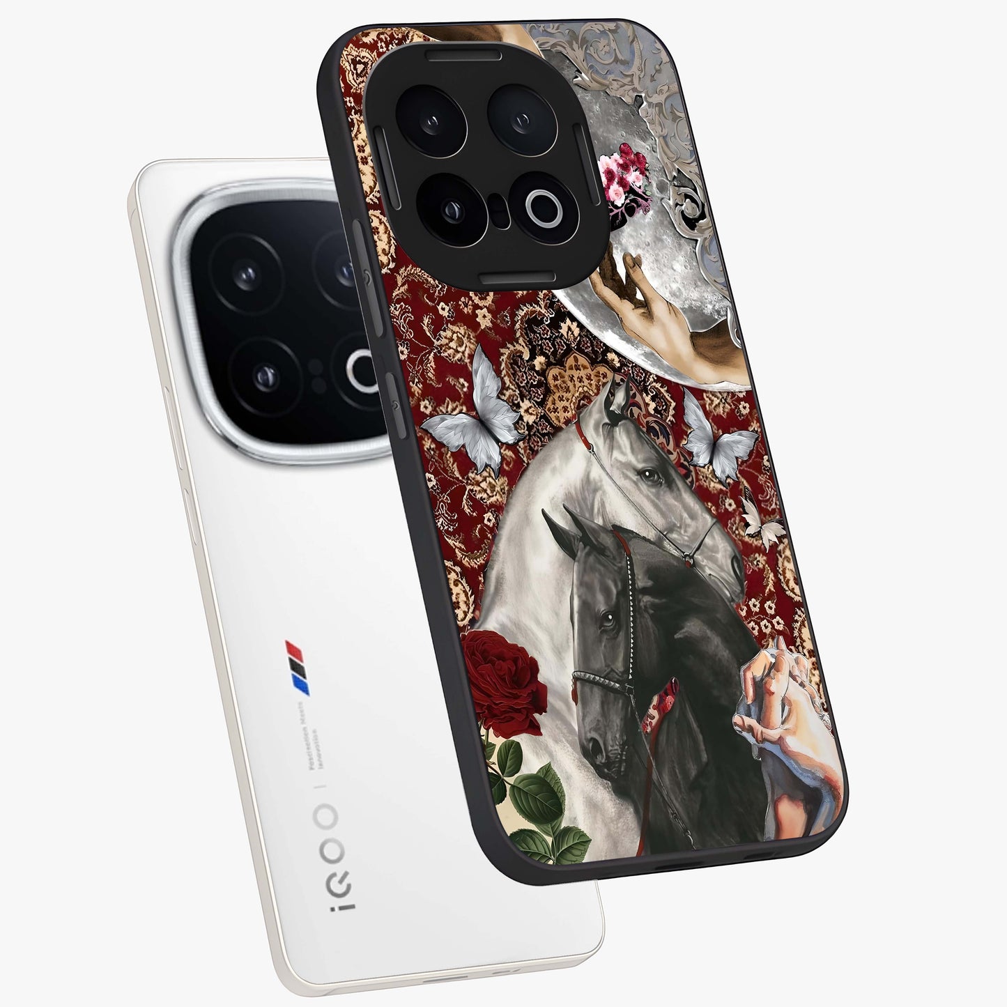 Moonlit Royal Stallion Glass Case displayed in angled mockup highlighting powerful stallion illustration with royal night aesthetic.