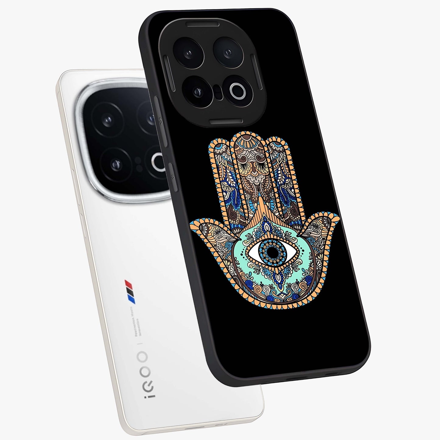 Mystic Hamsa Eye Glass Case displayed in angled mockup highlighting spiritual hamsa symbol with mystical aesthetic style.