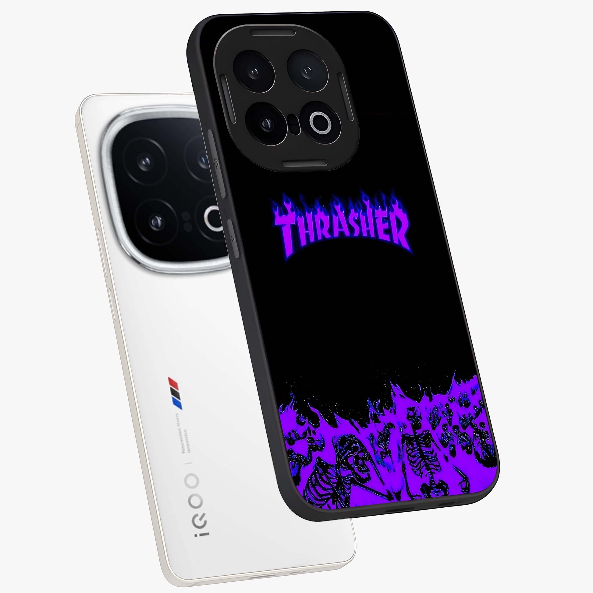 Neon Flame Riot Glass Case displayed in angled mockup highlighting glowing flame design with vibrant neon aesthetic.