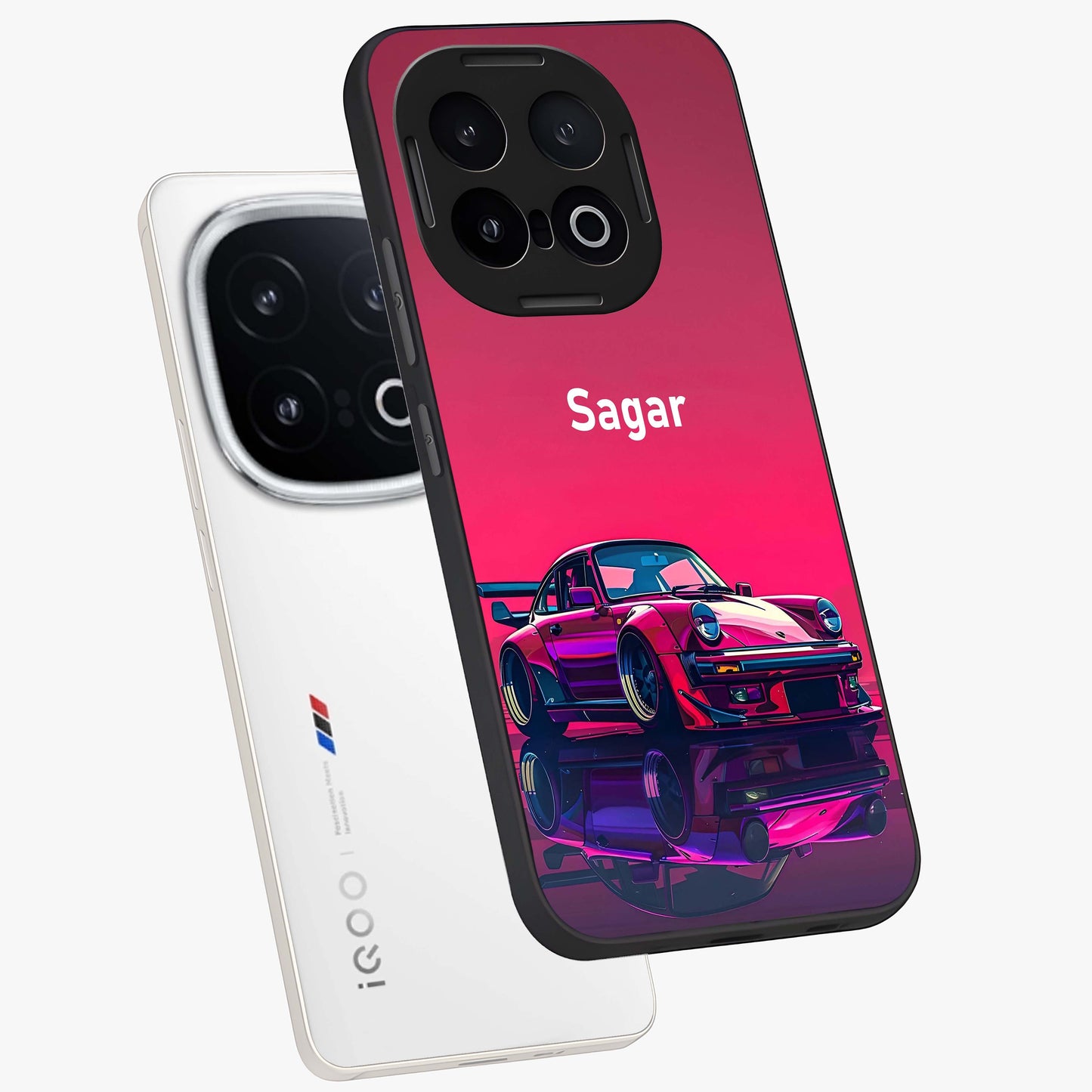 Neon Pink Porsche Glass Case displayed in angled mockup highlighting sleek neon pink car design with racing aesthetic.