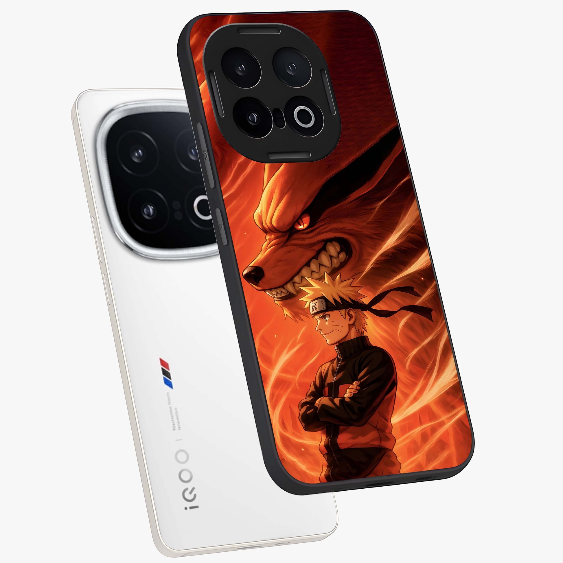 Nine Tails Legacy Glass Case displayed in angled mockup highlighting dynamic anime beast illustration with bold mystical aesthetic.