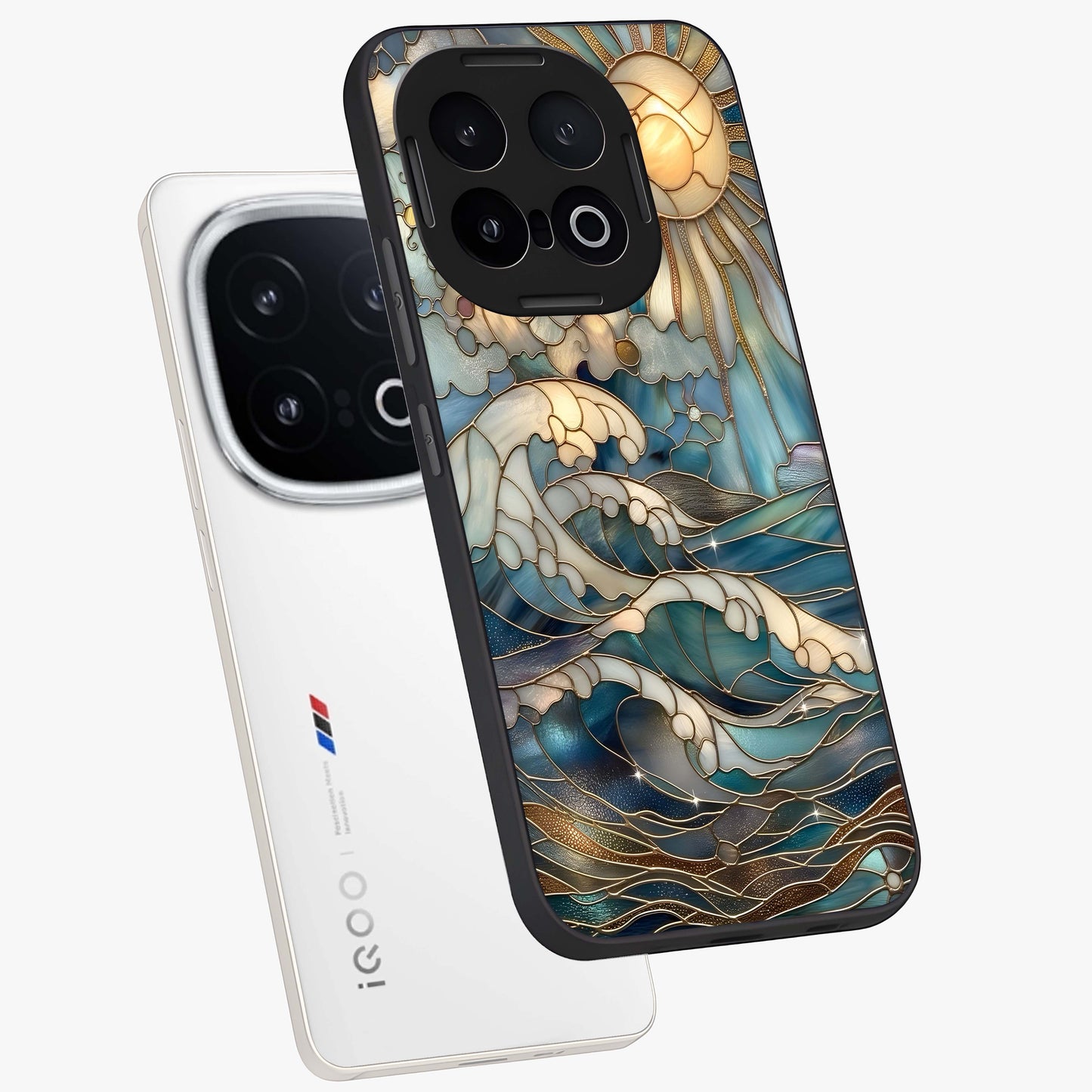 Oceanic Stained Printed Glass Case displayed in angled mockup highlighting colorful aquatic design with artistic aesthetic style.